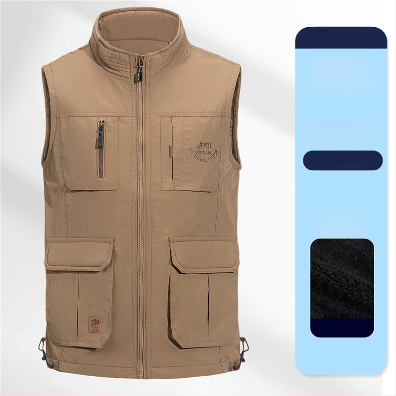 Мъжко подплатено пухено яке-жилет с качулка, стояща яка и двойно закопчаване; материя зайчи косъм