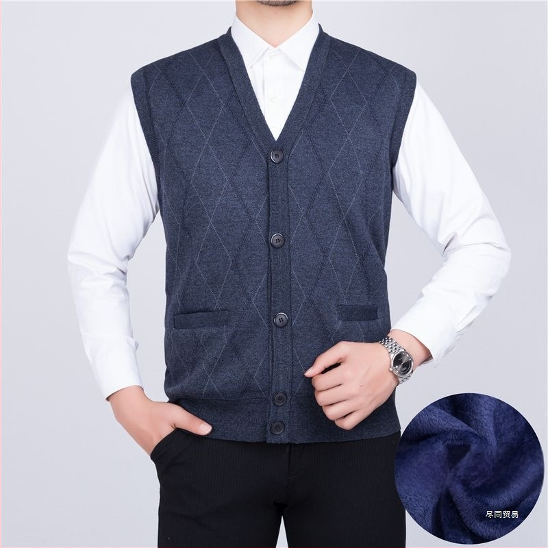 Мъжки плетен жилет с флисово подплънение и заешка козина, V‑образно деколте, райета quilt дизайн, джобове с патч‑джобове, ленена подплата, зимен модел