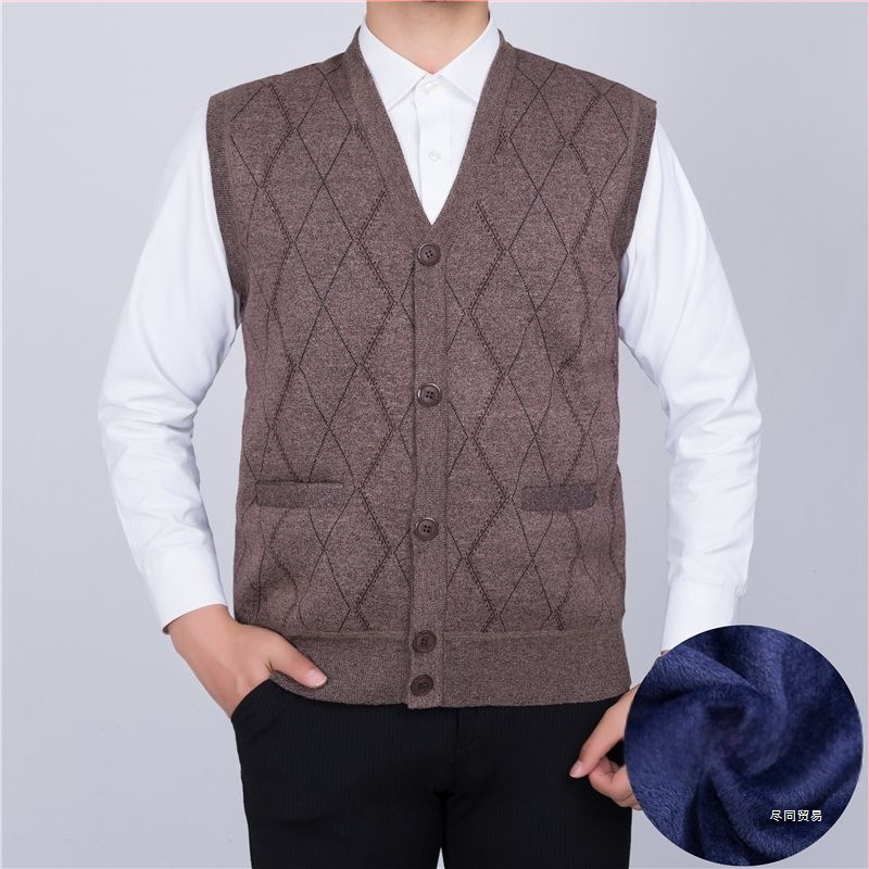 Мъжки плетен жилет с флисово подплънение и заешка козина, V‑образно деколте, райета quilt дизайн, джобове с патч‑джобове, ленена подплата, зимен модел