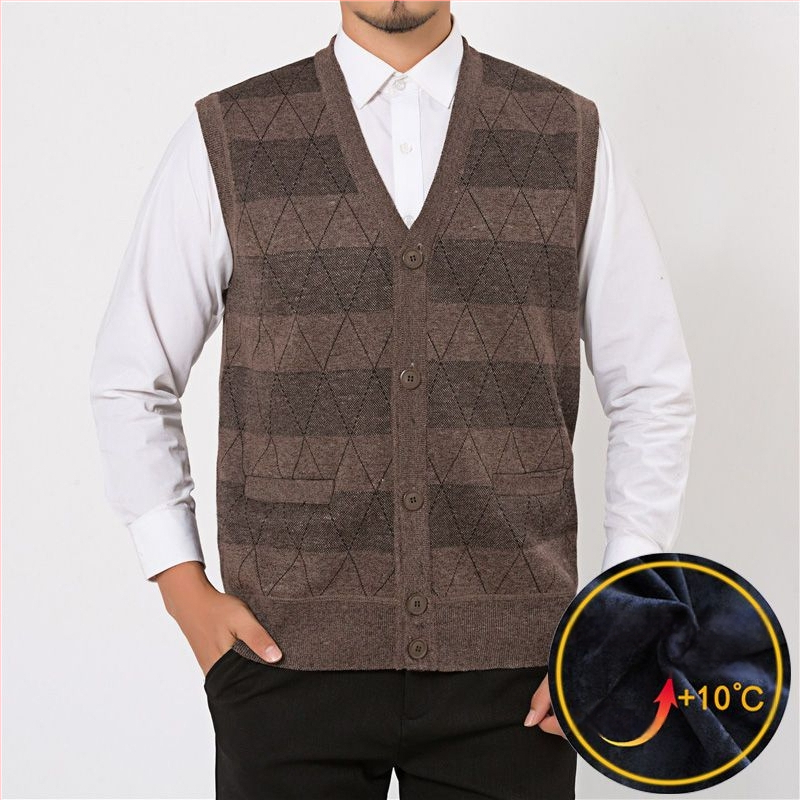 Мъжки плетен жилет с флисово подплънение и заешка козина, V‑образно деколте, райета quilt дизайн, джобове с патч‑джобове, ленена подплата, зимен модел