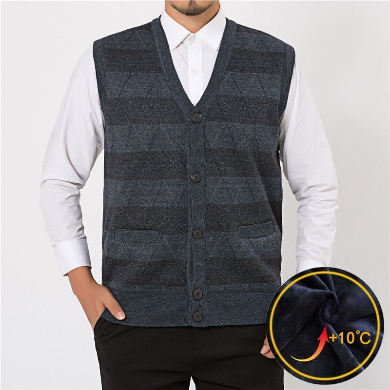 Мъжки плетен жилет с флисово подплънение и заешка козина, V‑образно деколте, райета quilt дизайн, джобове с патч‑джобове, ленена подплата, зимен модел