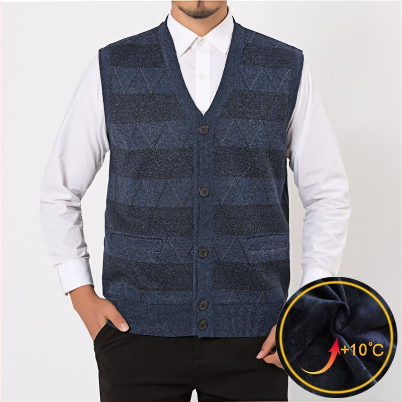 Мъжки плетен жилет с флисово подплънение и заешка козина, V‑образно деколте, райета quilt дизайн, джобове с патч‑джобове, ленена подплата, зимен модел