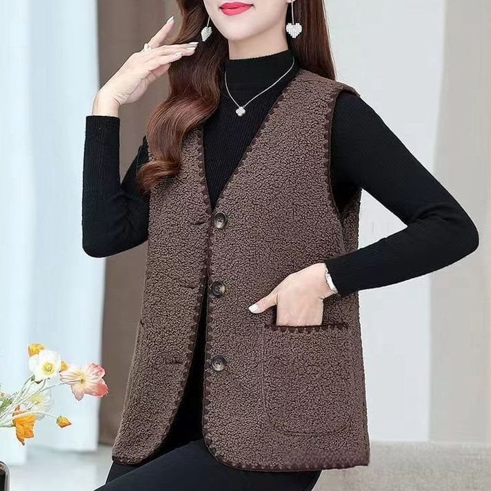 Много къса жилетка от агнешка вълна за възрастни жени, V-образно деколте, едно копче, основна материя rayon, пълнител вълна