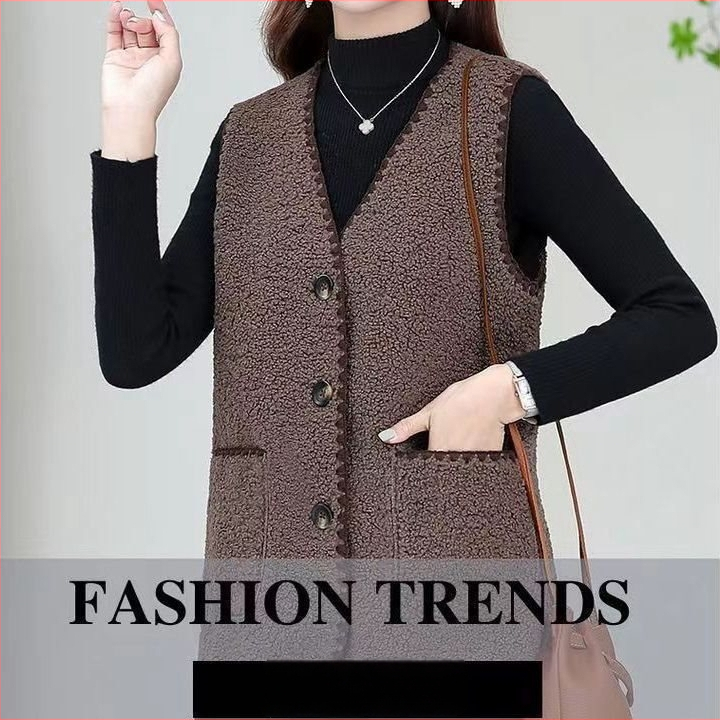 Много къса жилетка от агнешка вълна за възрастни жени, V-образно деколте, едно копче, основна материя rayon, пълнител вълна