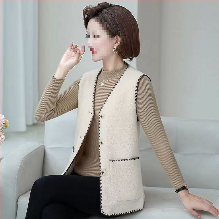 Много къса жилетка от агнешка вълна за възрастни жени, V-образно деколте, едно копче, основна материя rayon, пълнител вълна