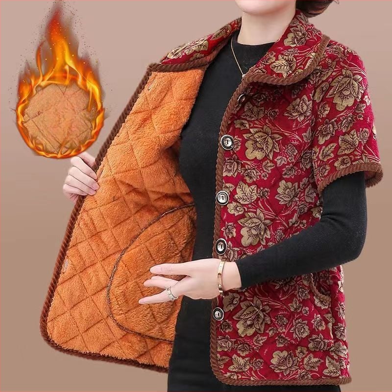 Женски зимен елек 2023: флокинг, принт и копчета, градски стил; основна тъкан 90–95%; регулярен крой