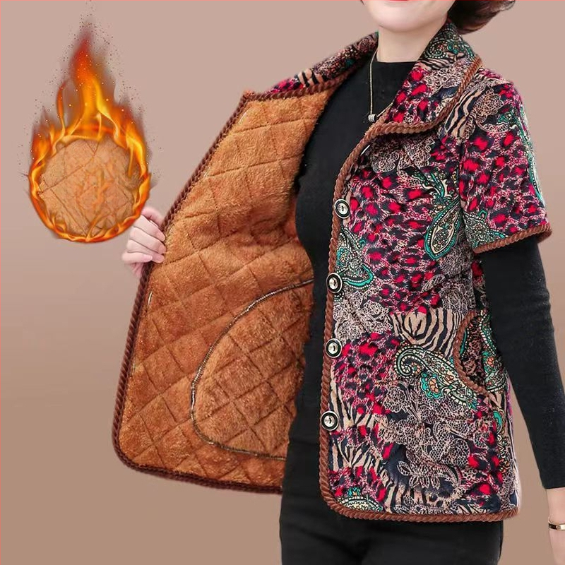 Женски зимен елек 2023: флокинг, принт и копчета, градски стил; основна тъкан 90–95%; регулярен крой