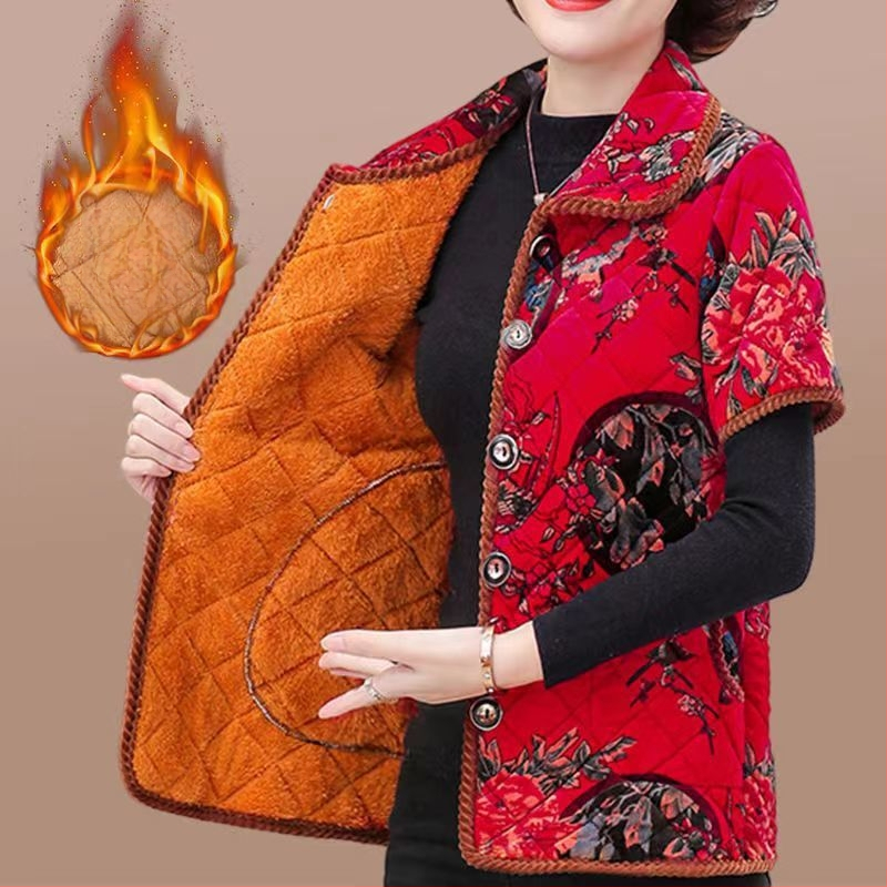 Женски зимен елек 2023: флокинг, принт и копчета, градски стил; основна тъкан 90–95%; регулярен крой