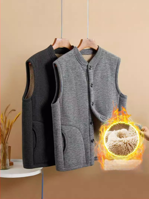 Зимно пригодена флис жилетка за възрастни мъже — V-образно деколте, без ръкави, мъхнат флис, свободен силует, патч джобове
