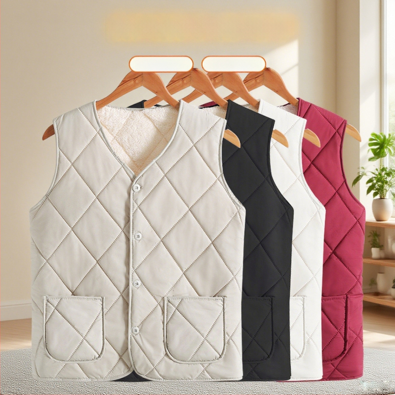 Безръкав флийсов жилетка с памучен пълнеж, градски стил, V-образно деколте, геометричен модел, есенно-зимен