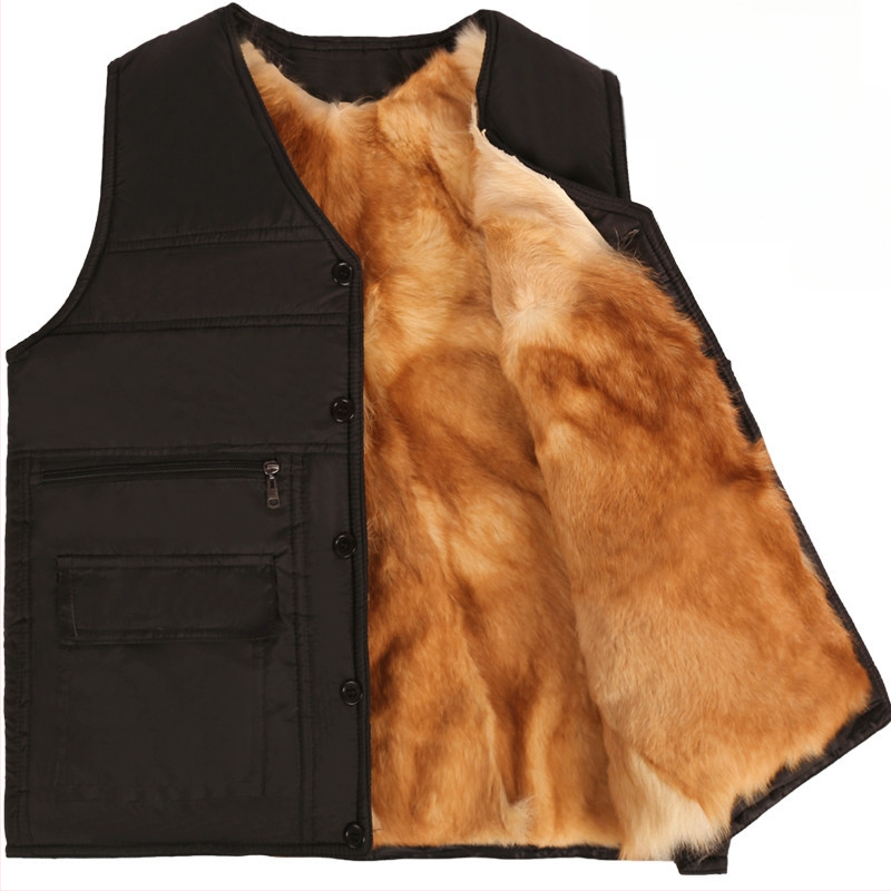 Жилетка от естествена овча кожа с вълнен основен плат, подплатена дебело полар; без качулка, прав модел, едно ред копчета, зима