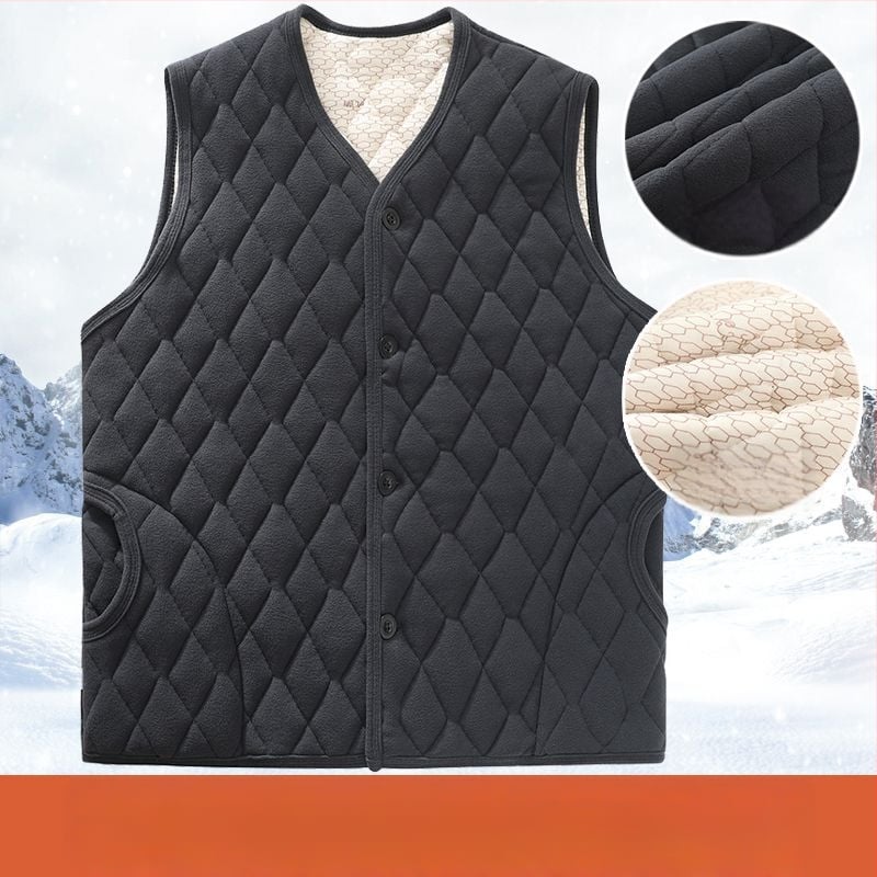 Мъжки зимен флийсов жилет с V-образно деколте, свободна кройка, еднобортно копчване, квилинг и джобове с ярък кант