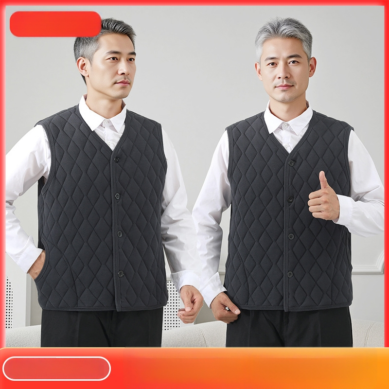 Мъжки зимен флийсов жилет с V-образно деколте, свободна кройка, еднобортно копчване, квилинг и джобове с ярък кант