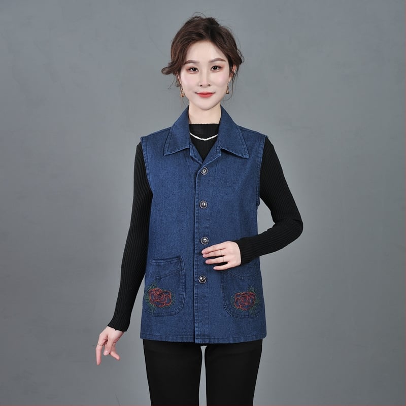 Деним жилетка за жени, с яка и предна катарама, памучно-смесен материал 50-70%, пролет 2025