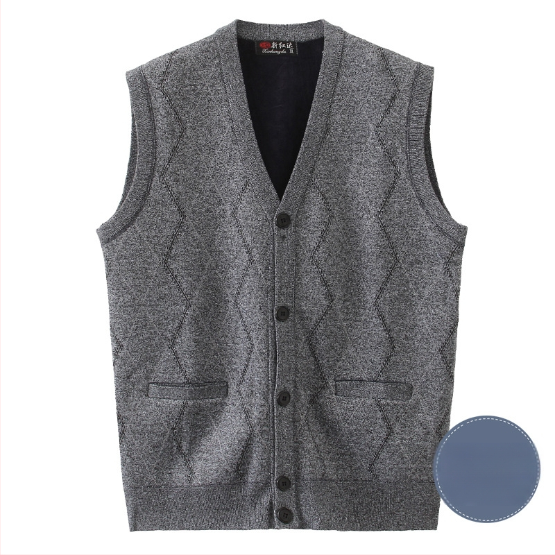 Мъжка плюшена жилетка за зима, свободен силует, V-образно деколте, едноредово закопчаване, жакардов геометричен модел