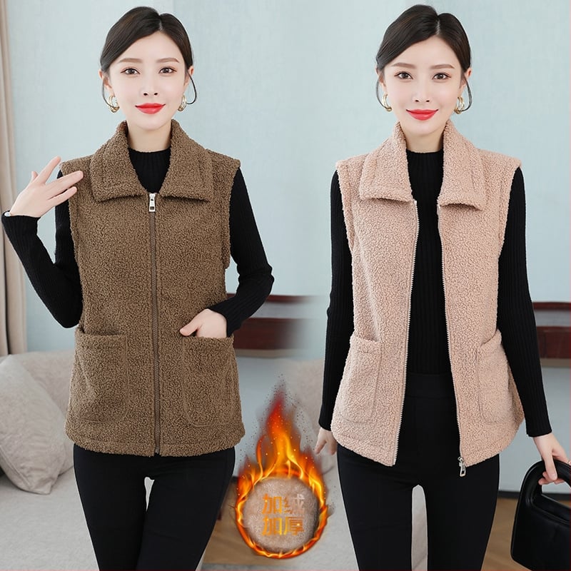 Дамски жилет с подплата от флис и овча вълна, със стояща яка и цип, геометричен принт, полиестерна материя