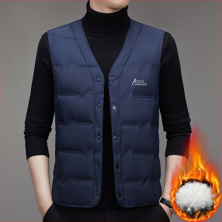 Мъжка пухена жилетка, V-образно деколте, едноредово закопчаване, зима, полиестер