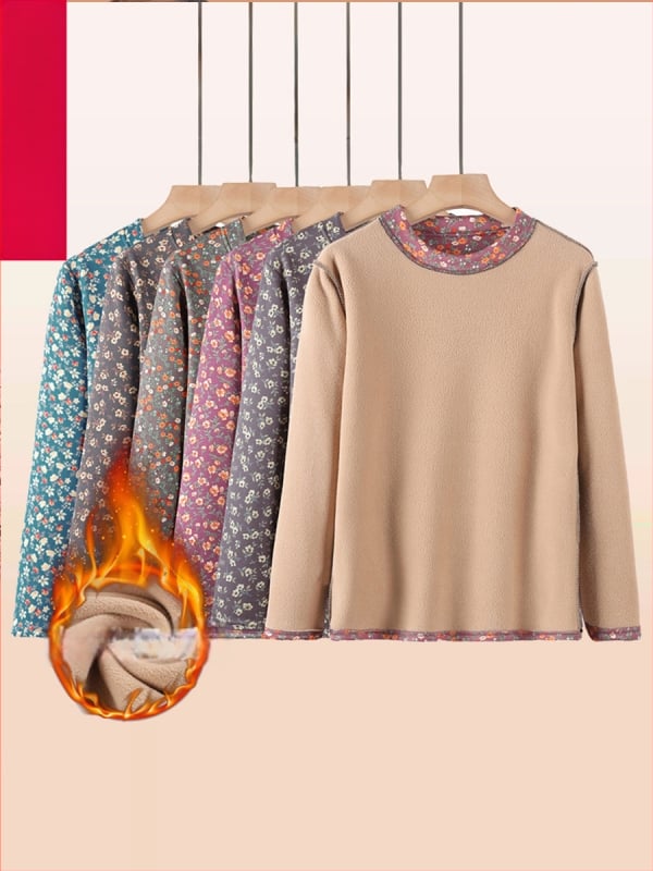 Moteriška šilta apatinė palaidinė su ilgomis rankovėmis, apvaliu kaklu, gėlių raštas, poliesterio pluoštas (>95%)