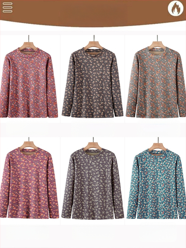 Moteriška šilta apatinė palaidinė su ilgomis rankovėmis, apvaliu kaklu, gėlių raštas, poliesterio pluoštas (>95%)