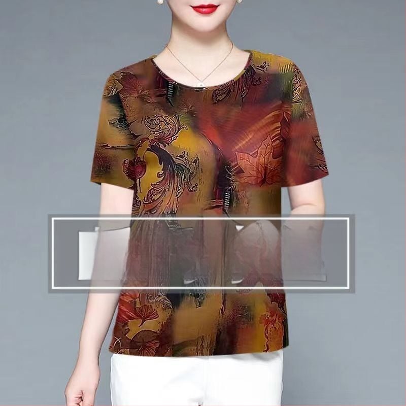 Moteriški Ice Silk trumpomis rankovėmis palaidinė su apvalia kaklo – plonas puloveris, kasdieniam stiliui; Audinys: Ice Silk; Spandex 80–90%; Poliesteris