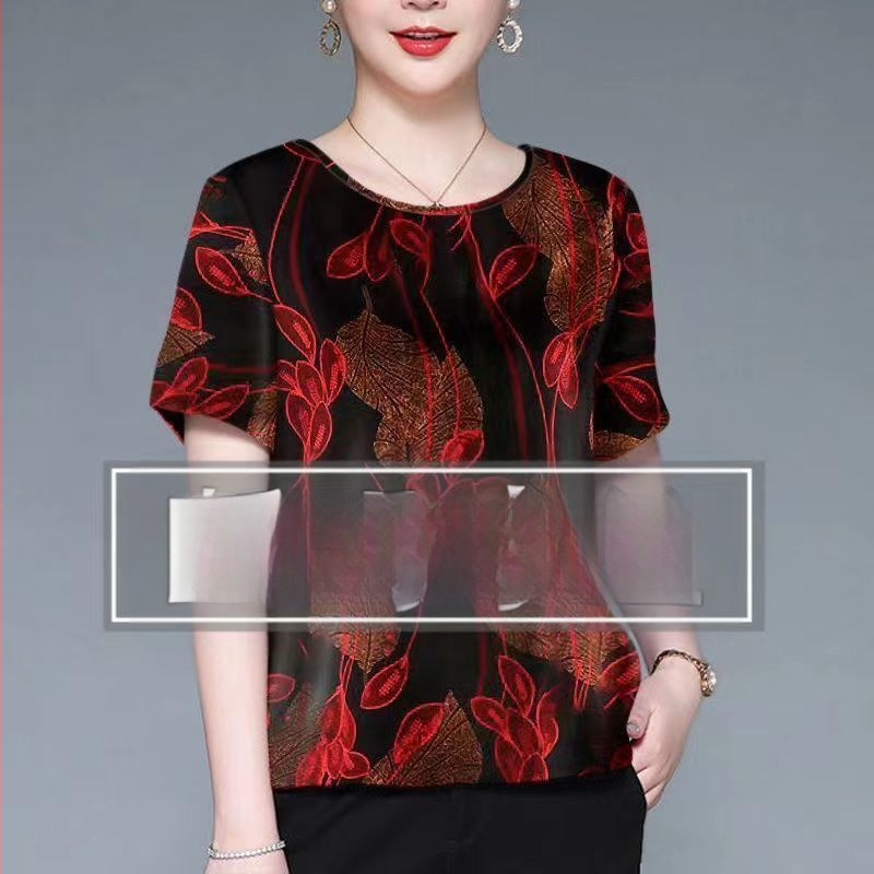 Moteriški Ice Silk trumpomis rankovėmis palaidinė su apvalia kaklo – plonas puloveris, kasdieniam stiliui; Audinys: Ice Silk; Spandex 80–90%; Poliesteris