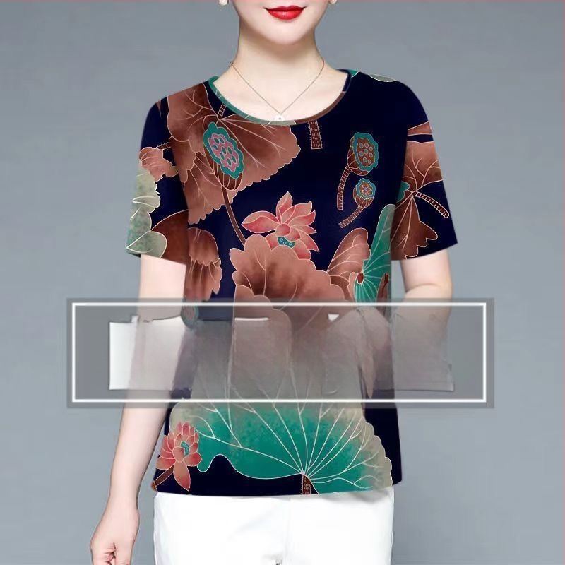 Moteriški Ice Silk trumpomis rankovėmis palaidinė su apvalia kaklo – plonas puloveris, kasdieniam stiliui; Audinys: Ice Silk; Spandex 80–90%; Poliesteris