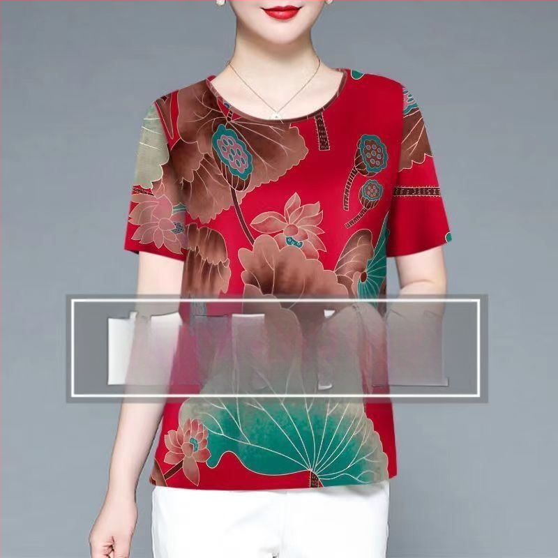 Moteriški Ice Silk trumpomis rankovėmis palaidinė su apvalia kaklo – plonas puloveris, kasdieniam stiliui; Audinys: Ice Silk; Spandex 80–90%; Poliesteris