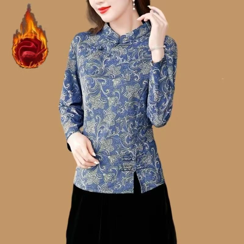 Novi kineski stil majice s stojećim ovratnikom i jacquard uzorkom, dugi rukav, flis podstava za jesen-zimu, osnovni sloj za žene srednje dobi i starije