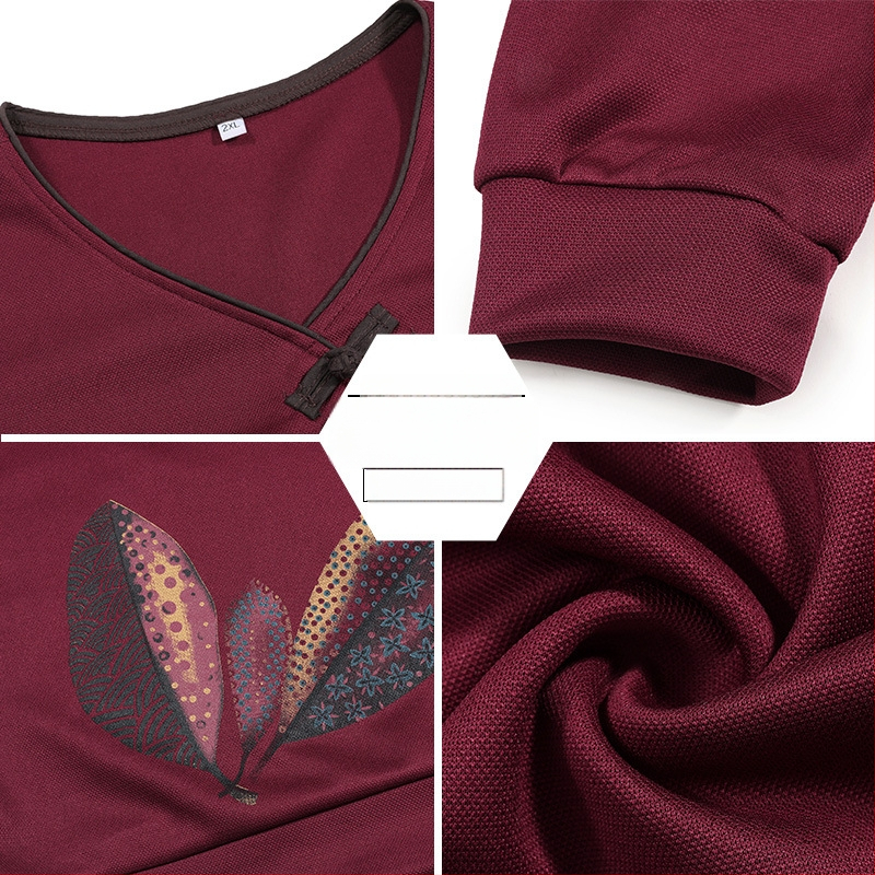 V kaklo ilgomis rankovėmis marškinėliai vidutinio amžiaus moterims, gėlių raštas, vidutinio ilgio laisvas kirpimas, Tr fabric audinys 80-90% Kita ir iki 30% Spandex, Ruduo 2024