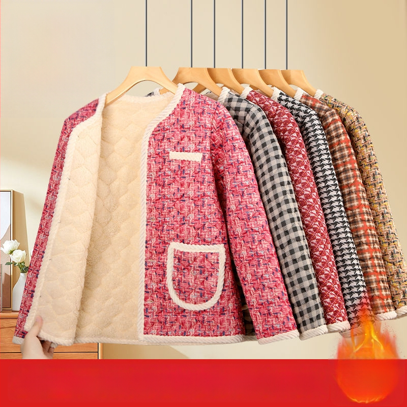 Nova ženska zimska jakna od pamuka, inspirirana Chanel stilom, s fleece podstavom i dodatnom debljinom, elegantna kućna odjeća za zrelu ženu