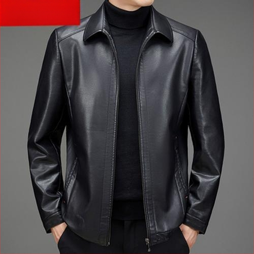 PU δερμάτινο μπουφάν για μεσήλικους άνδρες, χειμωνιάτικη επένδυση φλίς, φερμουάρ, γιακά τύπου πέτο, άνετη γραμμή