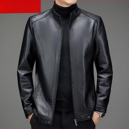 PU δερμάτινο μπουφάν για μεσήλικους άνδρες, χειμωνιάτικη επένδυση φλίς, φερμουάρ, γιακά τύπου πέτο, άνετη γραμμή