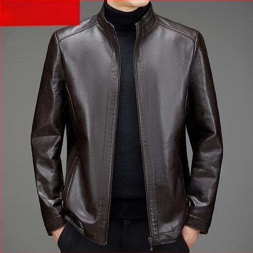 PU δερμάτινο μπουφάν για μεσήλικους άνδρες, χειμωνιάτικη επένδυση φλίς, φερμουάρ, γιακά τύπου πέτο, άνετη γραμμή