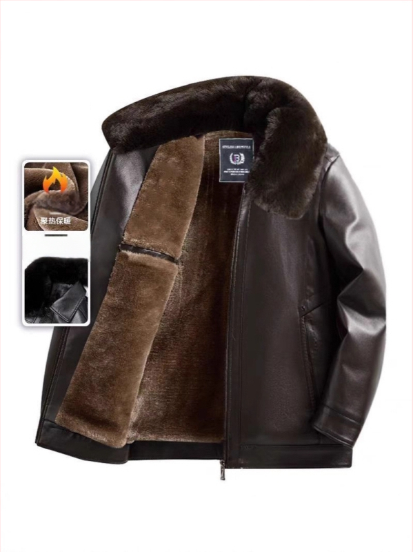 PU δερμάτινο μπουφάν για μεσήλικους άνδρες, χειμωνιάτικη επένδυση φλίς, φερμουάρ, γιακά τύπου πέτο, άνετη γραμμή