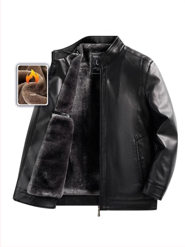 PU δερμάτινο μπουφάν για μεσήλικους άνδρες, χειμωνιάτικη επένδυση φλίς, φερμουάρ, γιακά τύπου πέτο, άνετη γραμμή
