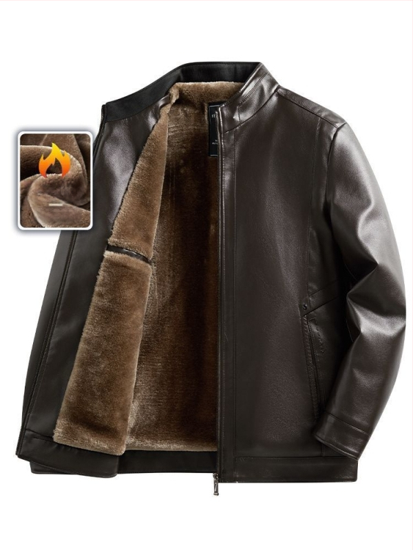 PU δερμάτινο μπουφάν για μεσήλικους άνδρες, χειμωνιάτικη επένδυση φλίς, φερμουάρ, γιακά τύπου πέτο, άνετη γραμμή