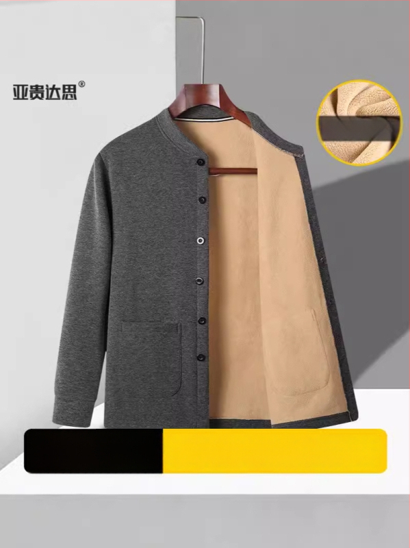 Jakna s flisom za muškarce srednje dobi i starije dobi; debela zimska jakna s Sherpa postavom; stojeći ovratnik; dugi rukavi; ravni rub; više džepova; kućna odjeća.