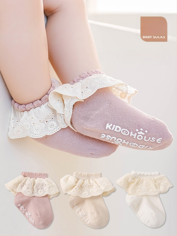 I ruobei tüdrukutele põrandasokid pitsiga, kammitud puuvillast, lühike toru, libisemiskindlad