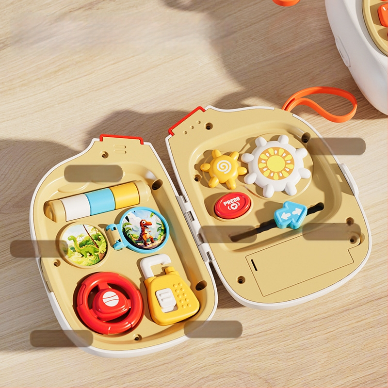 Cuki elefánt babajáték zenés hordozható tevékenységpanellel, kormánykerékkel és kinyitó funkcióval • Műanyag • Elemes • 0–3 éveseknek