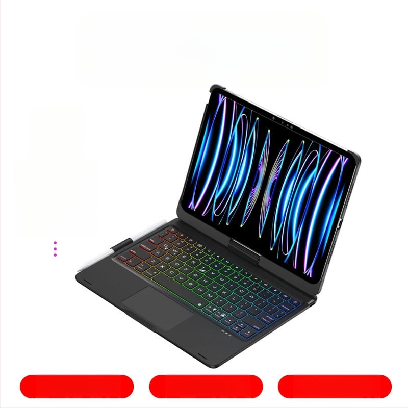 Vezeték nélküli Bluetooth billentyűzet iPadhez (2022, 10. generáció), modell F11AT-pro, 360°-os forgócsukló, RGB háttérvilágítás, súly 880 g.