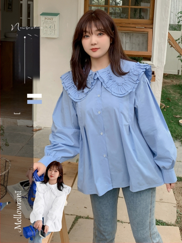 Cămașă pentru femei, mărime plus, toamnă – guler rever, două straturi, mâneci bufante, margine cu volan, bumbac spălat cu elastan