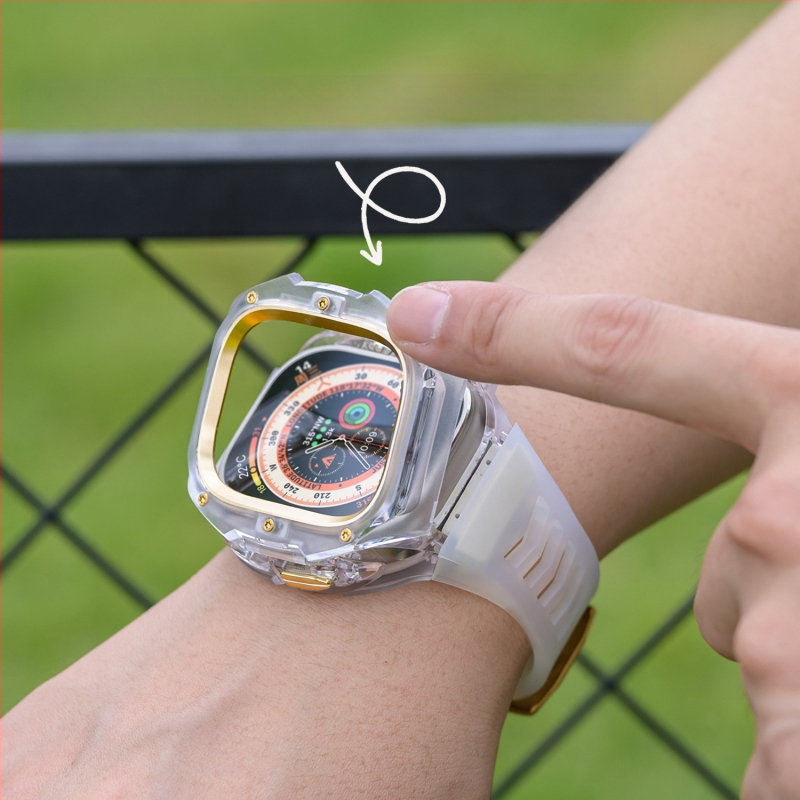 Ultra3 Apple Watch kaitsekorpus kiirvabastusega, integreeritud läbipaistva kaitsekorpus (Materjal: PC + silikaatgeel; Ühilduvus: Apple Watch; Kaal: 43 g)