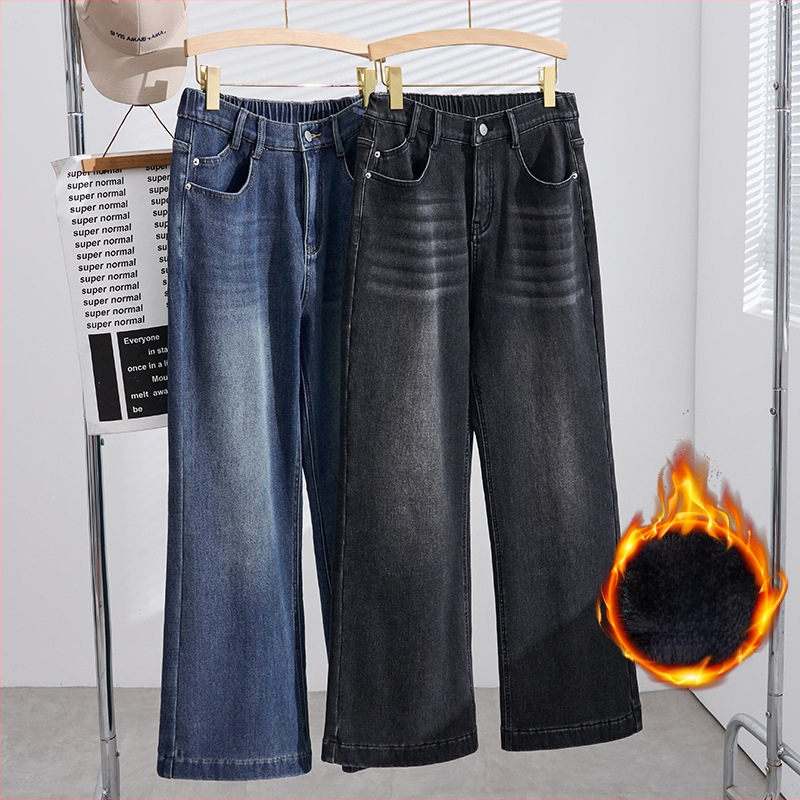 Džinsinės tiesaus kirpimo kelnės su fliso įdaila, korėjietiško stiliaus, kaubojo siluetas, 70–80% medvilnė.