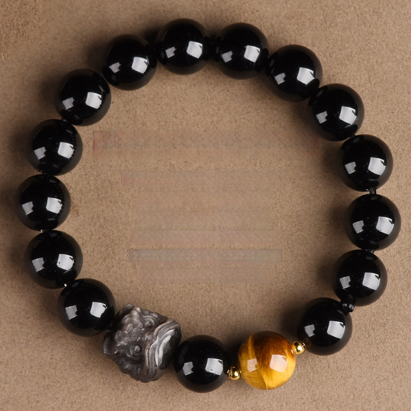Veleprodajna prirodna obsidijanska narukvica s lavljim motivom za muškarce, godina zodijaka, novi kineski stil, nacionalni trend, kulturna narukvica s perlicama