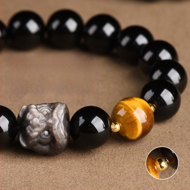 Veleprodajna prirodna obsidijanska narukvica s lavljim motivom za muškarce, godina zodijaka, novi kineski stil, nacionalni trend, kulturna narukvica s perlicama