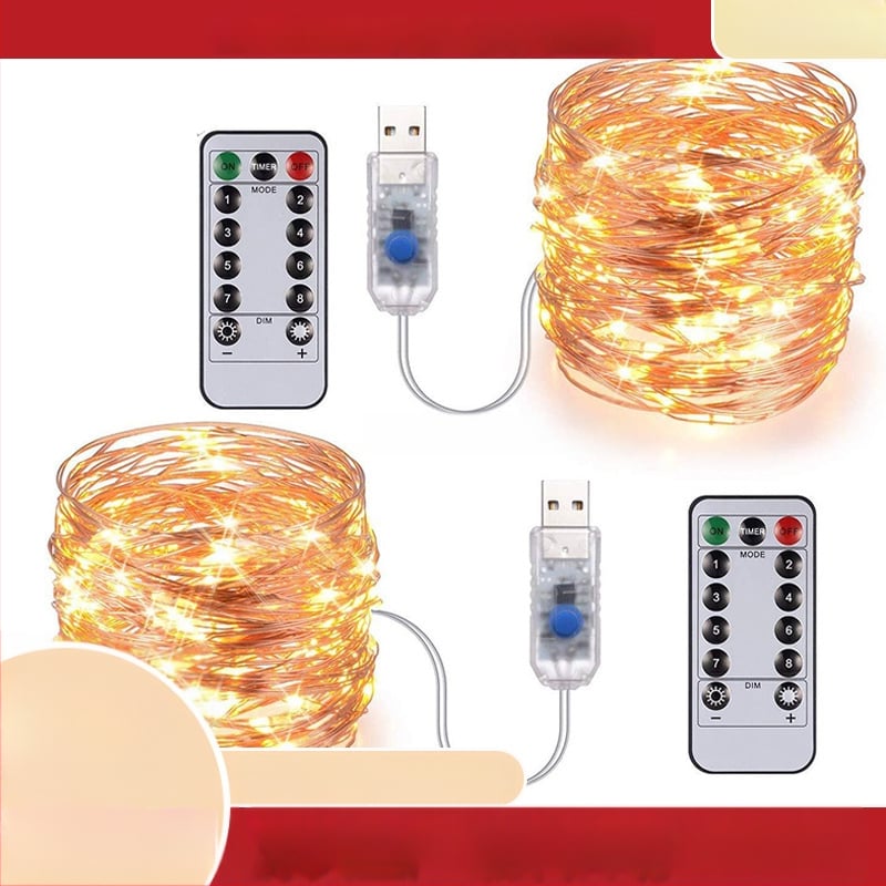 Rézdrótos LED-sor távirányítóval - 100 LED, 5V bemenet, USB táplálás, IP65 védelem, 4000 lm