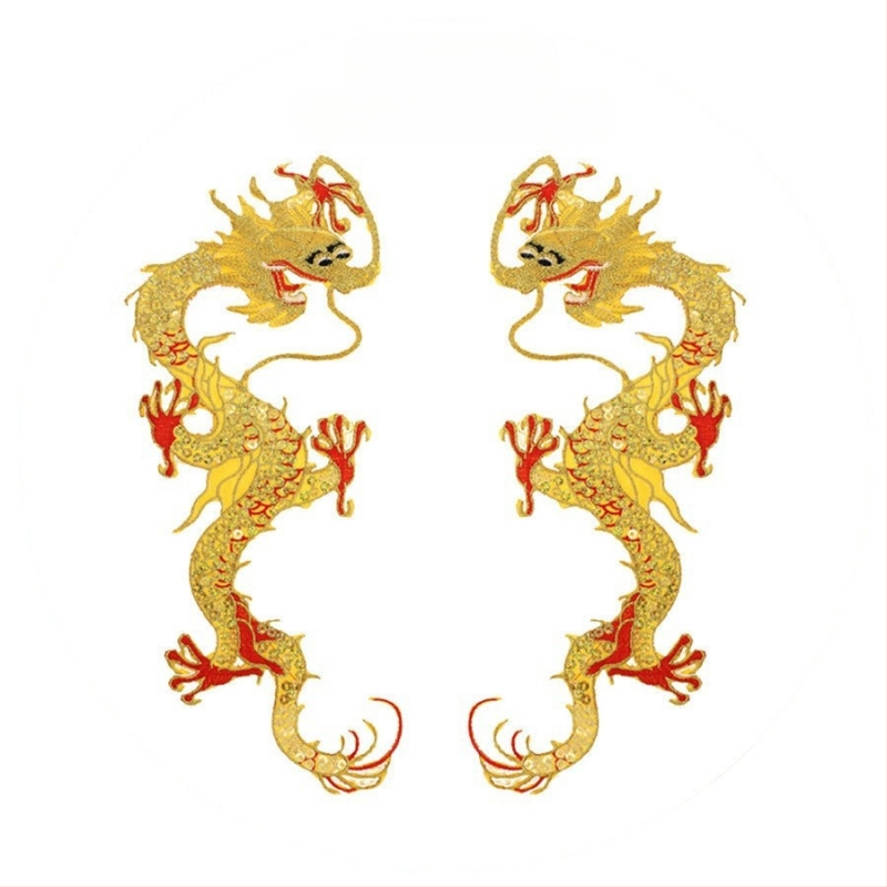 Sárkány hímzett vászon folt flitterekkel, forró olvadó ragasztó hátlappal, ruhákhoz és táncos ruhákhoz (Anyag: vászon + hímzőszál; Márka: New yi hao embroidery)