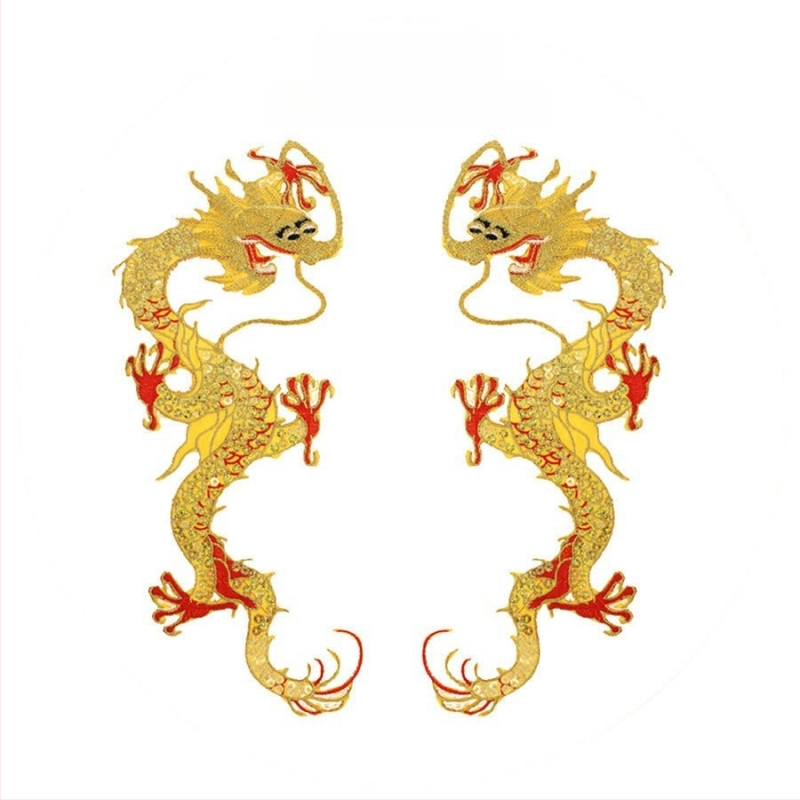 Sárkány hímzett vászon folt flitterekkel, forró olvadó ragasztó hátlappal, ruhákhoz és táncos ruhákhoz (Anyag: vászon + hímzőszál; Márka: New yi hao embroidery)