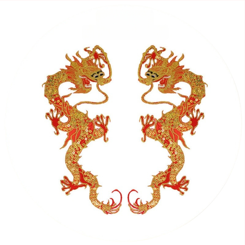 Sárkány hímzett vászon folt flitterekkel, forró olvadó ragasztó hátlappal, ruhákhoz és táncos ruhákhoz (Anyag: vászon + hímzőszál; Márka: New yi hao embroidery)