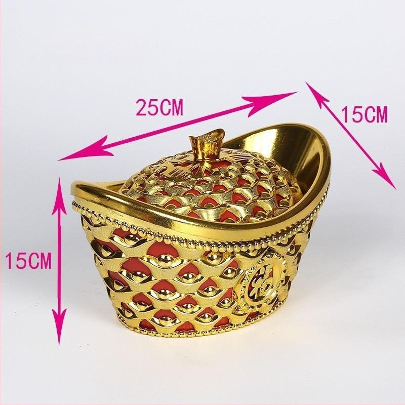 Prazan zlatni ingot ukras - plastična kutija za slatkiše, rekvizit za dnevni boravak i pozornicu, s mašnicom i torbom